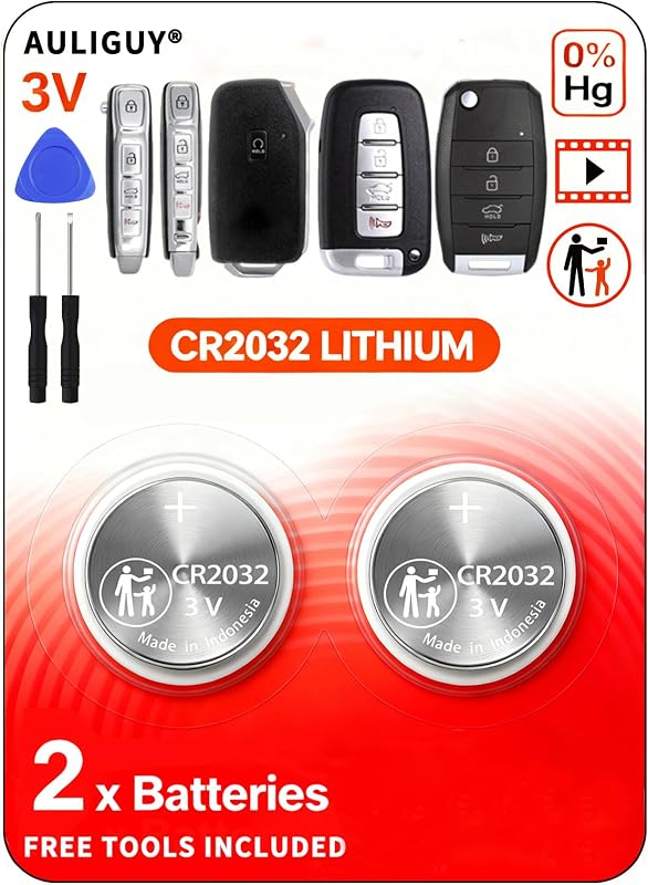 Baterias CR2032 3 V para chave remota Kia Auliguy com ferramenta de abertura – 2 unidades