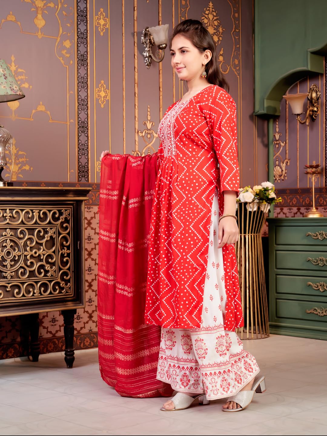 Aarika Girls Ethnic Wear Red Colour Bandhani Print Embroidey Rayon Kurti-8-15 Years (Kurti-Tr-242)