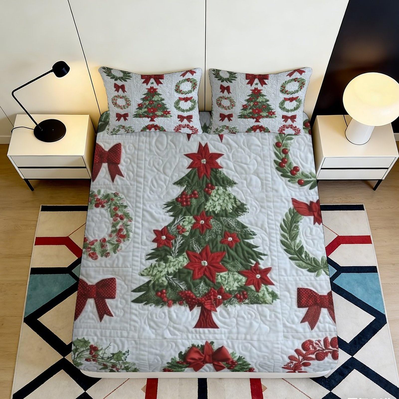 3D Printed Christmas Tree Fitted Sheet Microfiber Wreath Bed Cover Red Green Bedding for Bedroom Guest Room 90x200x25cm