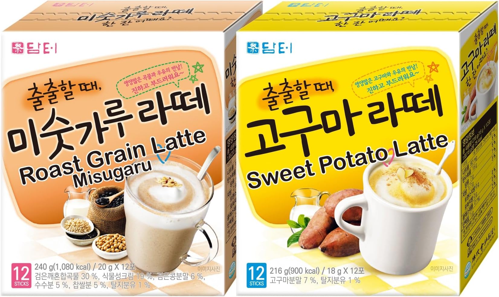 Damtuh Korean Latte Variety Pack โ Sweet Potato Latte & Roast Grain Misugaru Latte, Creamy Instant Drink Mix Duo(Pack of 2)