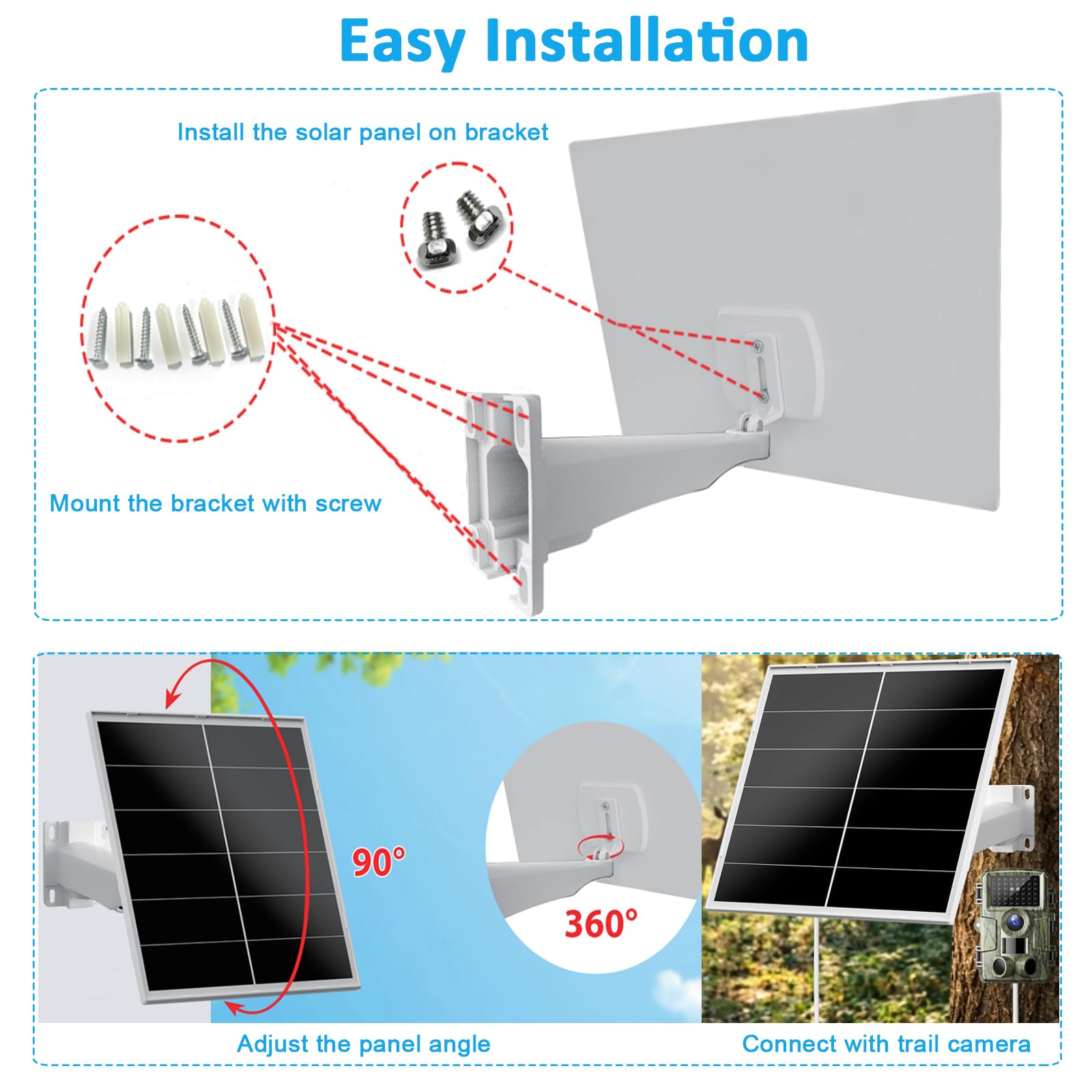 Pannello solare da 20 W 12 V per fotocamere da trail, caricatore solare CC con uscita 5,5 x 2,1 mm, impermeabile IP66, supporto regolabile a 360° per caccia, fattoria e uso esterno, confezione