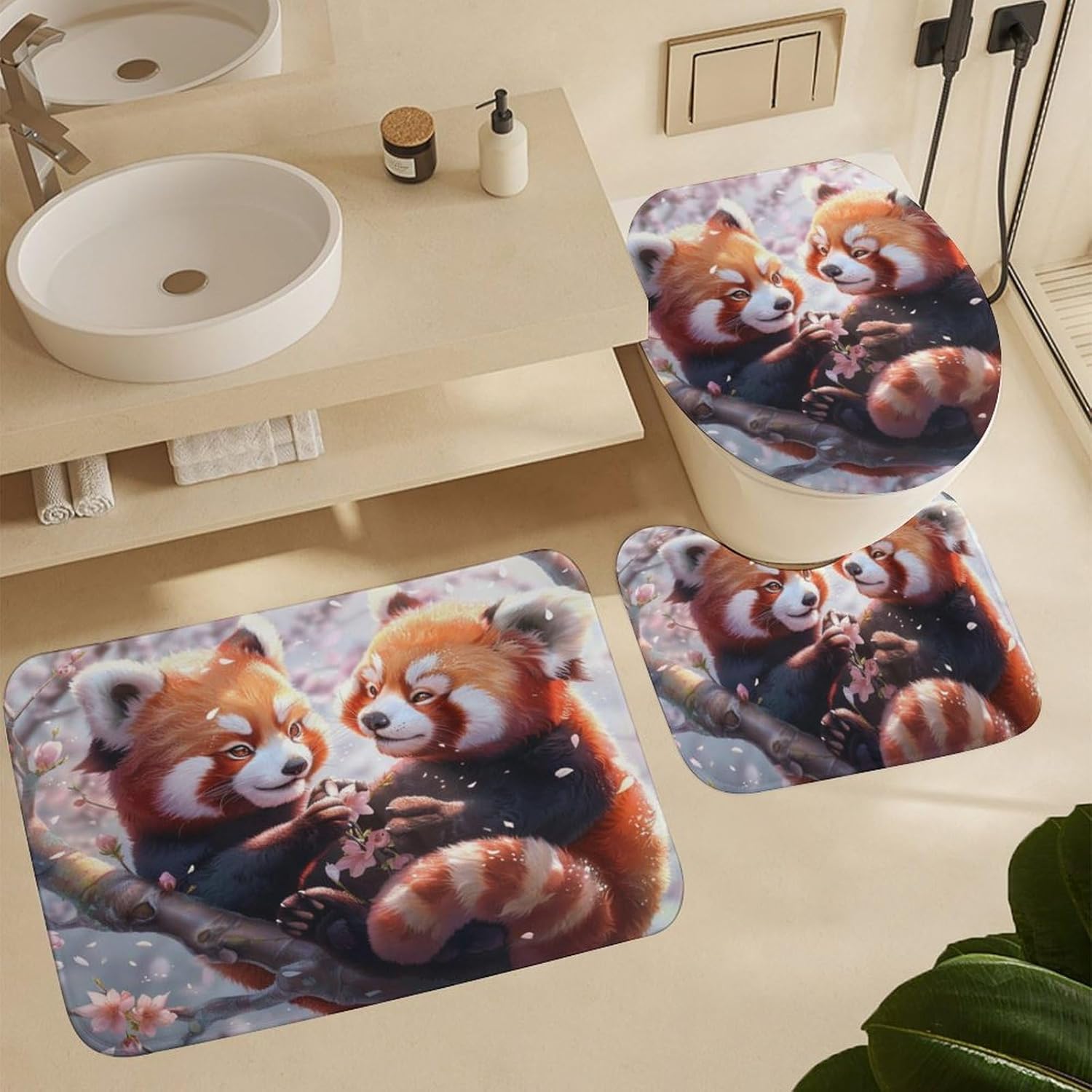 4Pcs Cute Red Panda Blossom Shower Curtain Sets, Bathroom Decor Set with Rugs, Bath Mat Floral Nature Animal Shower Curtain, 72 X 72 Inch