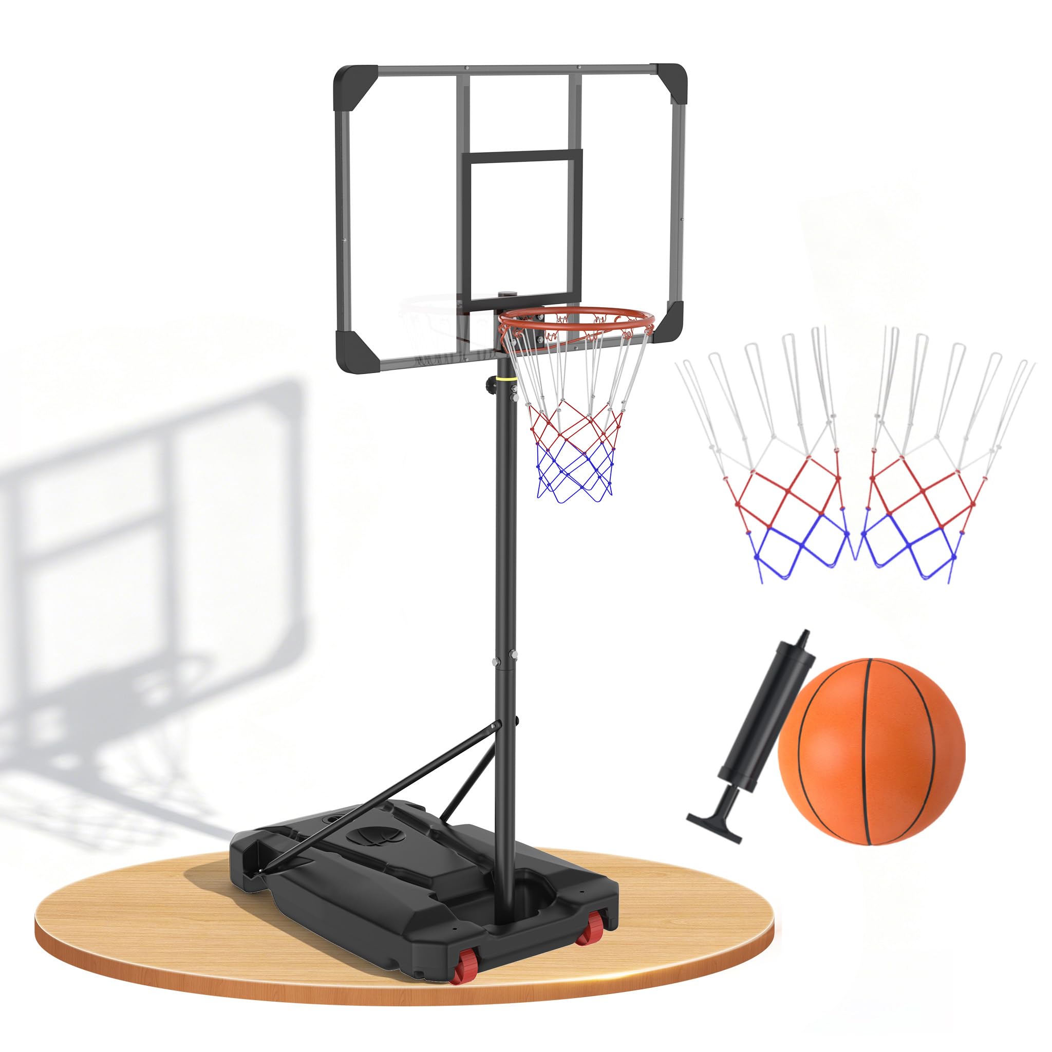 NAIZY Canasta de baloncesto para exteriores, altura ajustable, 150-260 cm, móvil con soporte | Canasta de baloncesto para interior con ruedas, 40 kg, rellenable con pelota de baloncesto y bomba para adultos