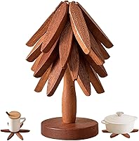 Giftforyou Walnut Wooden Tree Trivets Set of 4 with Stand - Foldable Hot Pads for Pots, Pans, Teapots & Kitchen Decor