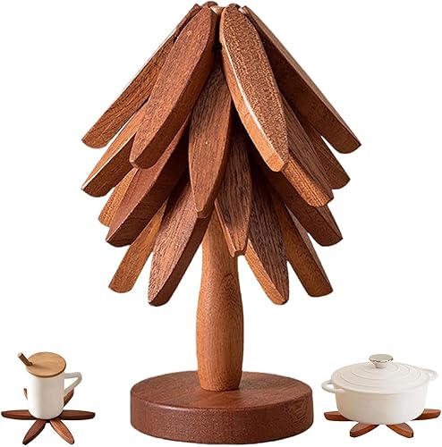 Wooden Tree Trivets for Hot Dishes - Set of 4 with Stand, Natural Foldable Kitchen Trivets for Pots, Pans, Bowls & Teapots - Walnut