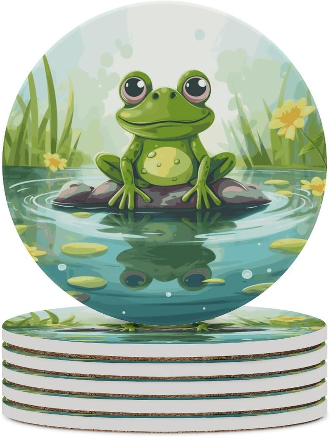 6PCS Frog in A Pond Coasters Non-Slip Round Drink Coasters with Ceramic Stone and Cork Base, Heat Resistant Absorbent 33.00Stone Coaster Set for Kinds of Mugs and Cups, 4 Inch