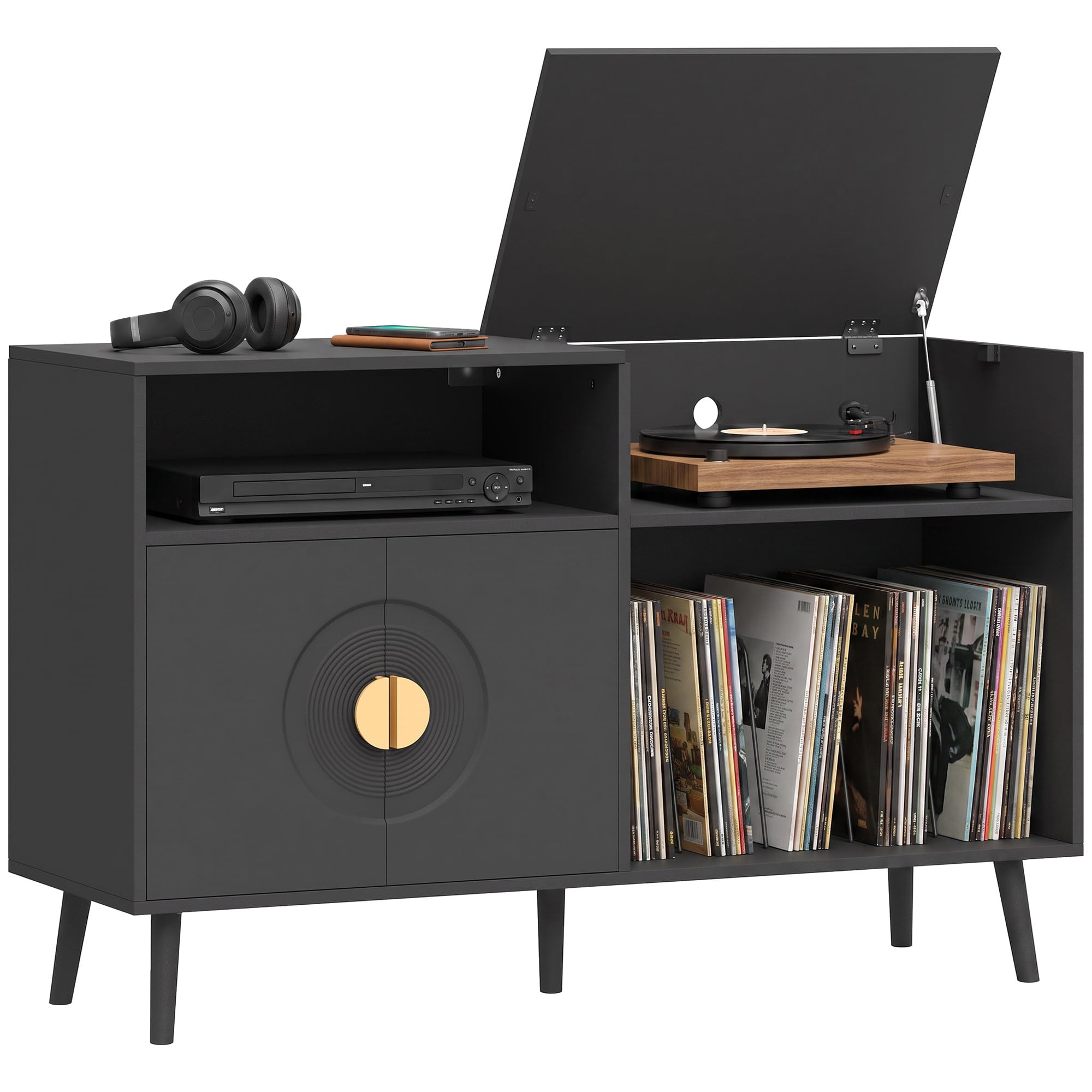HOMCOM Record Player Stand Holds Up to 300 Albums Black | Vinyl Record Holder with Storage, Flip-Top Compartment, Cable Hole for Living Room