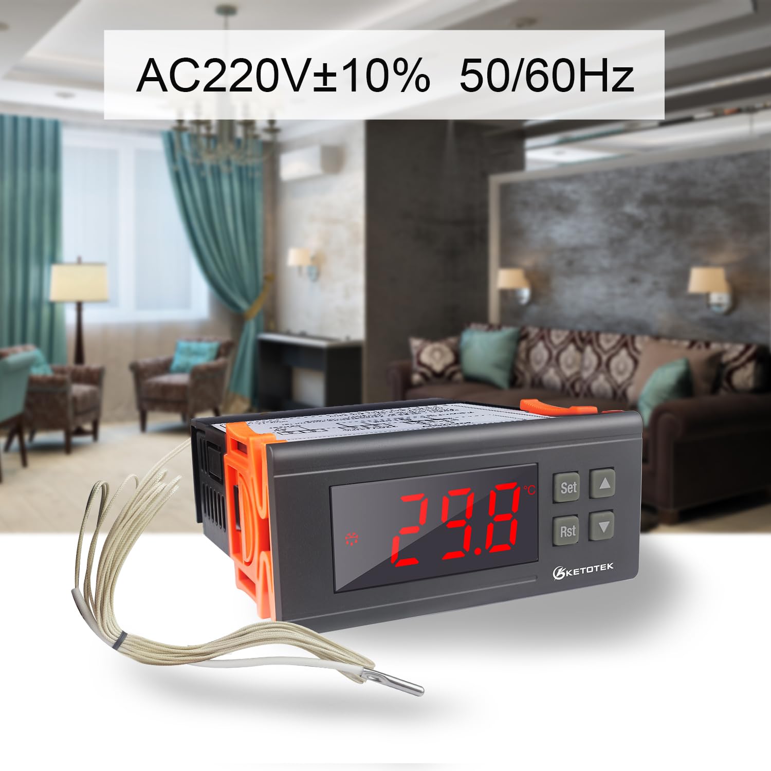 KETOTEK Regulateur de temperature 30℃~300℃ avec sonde, Contrôleur de Thermostat Numerique 220V 30A Relais Incubateur Chauffage Refroidissement