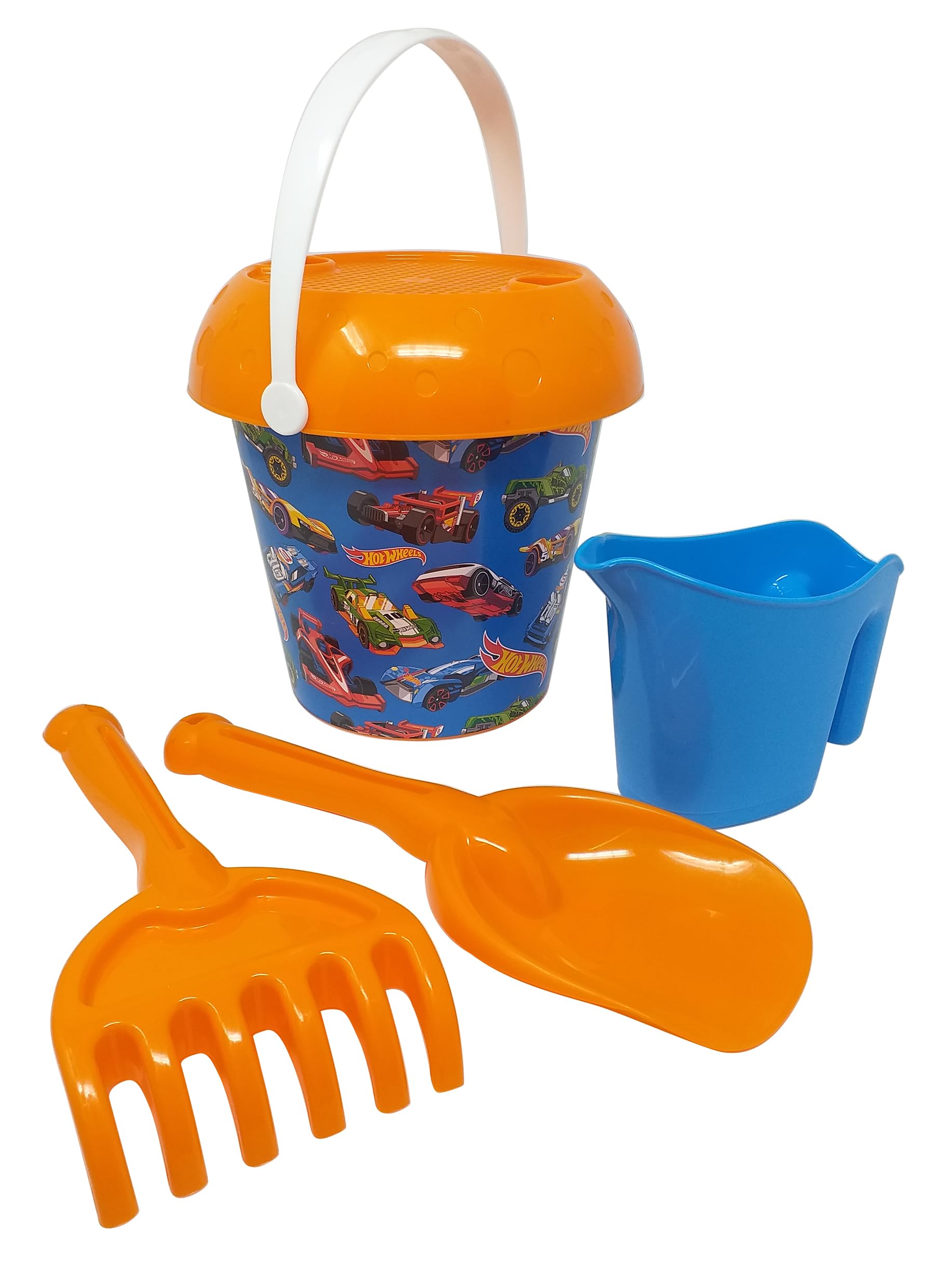 ODS | Sunday Hot Wheels Set Mare XL con Secchiello 19 cm, Paletta, Rastrello, Setaccio e Annaffiatoio, Giochi da Spiaggia per Bambini