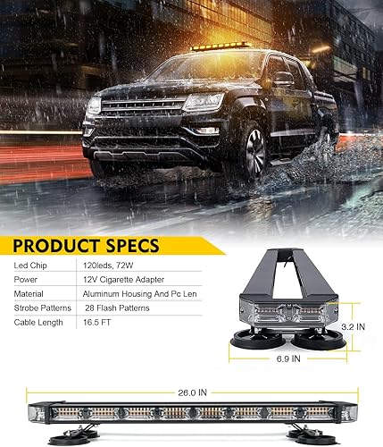 Miniatura 7 de LUMENIX Barra de luz estroboscópica de emergencia de 120 LED ámbar para techo, con controlador de advertencia intermitente, barra de luz de tráfico