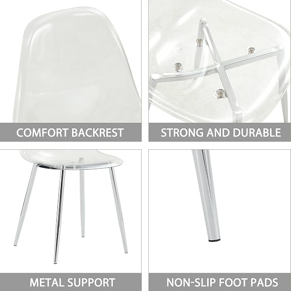 Acrylic Clear Dining Chairs Set of 6, Transparent Seat, Modern Plastic Back Chairs for Dining Room (Silver Legs)