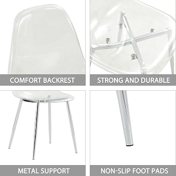 Acrylic Clear Dining Chairs Set of 6, Transparent Seat, Modern Plastic Back Chairs for Dining Room (Silver Legs)