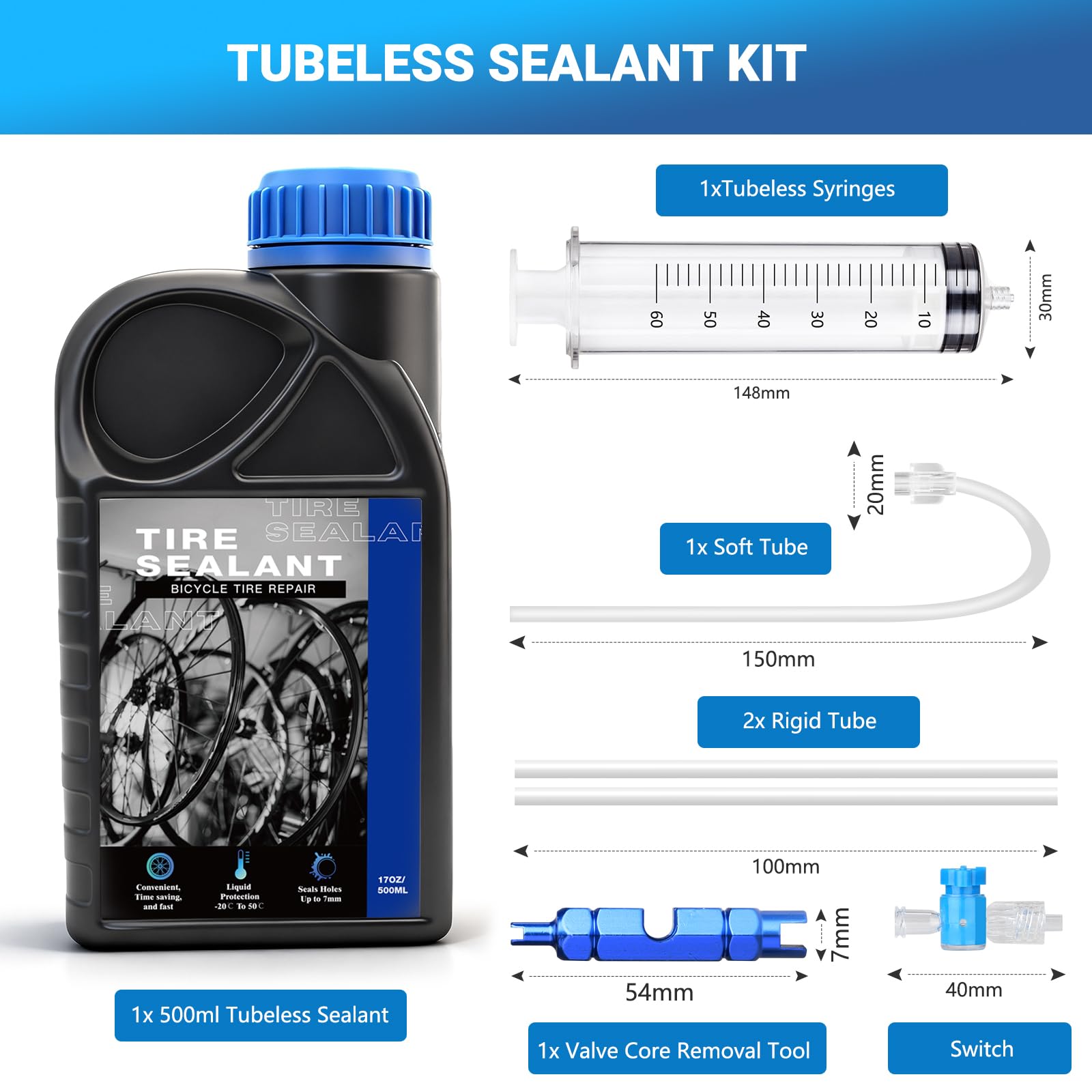 Tubeless Milch, 500ml di sigillante Tubeless e siringa sigillante Tubeless sigilla rapidamente fori fino a 7mm, sigillante per pneumatici Tubeless kit di riparazione per MTB, pneumatici da