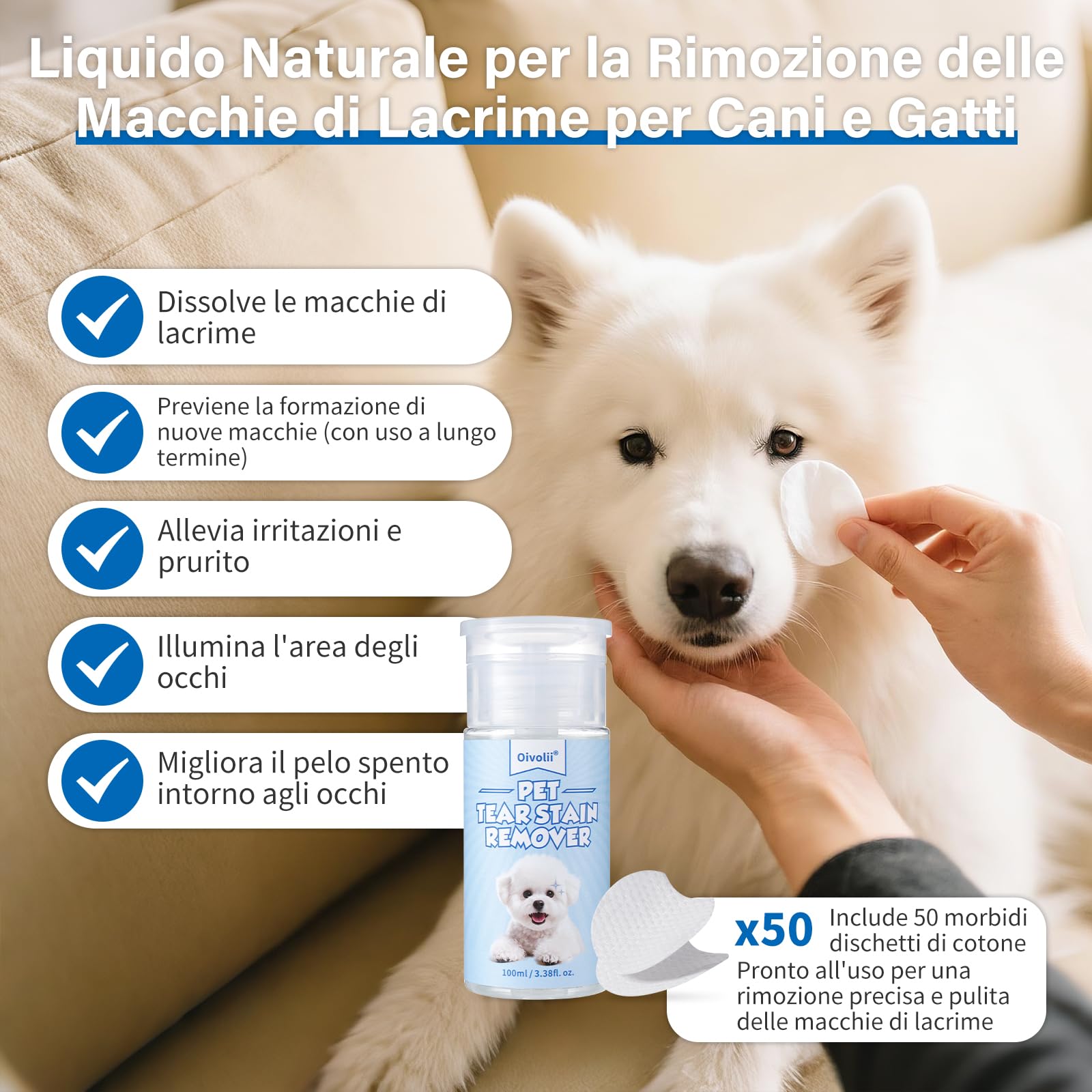Rimozione lacrimale naturale per cani e gatti 100 ml, tamponi per la pulizia degli occhi 50 pezzi – formula delicata, sicura e non irritante – rimuove efficacemente macchie lacrimali, secrezioni