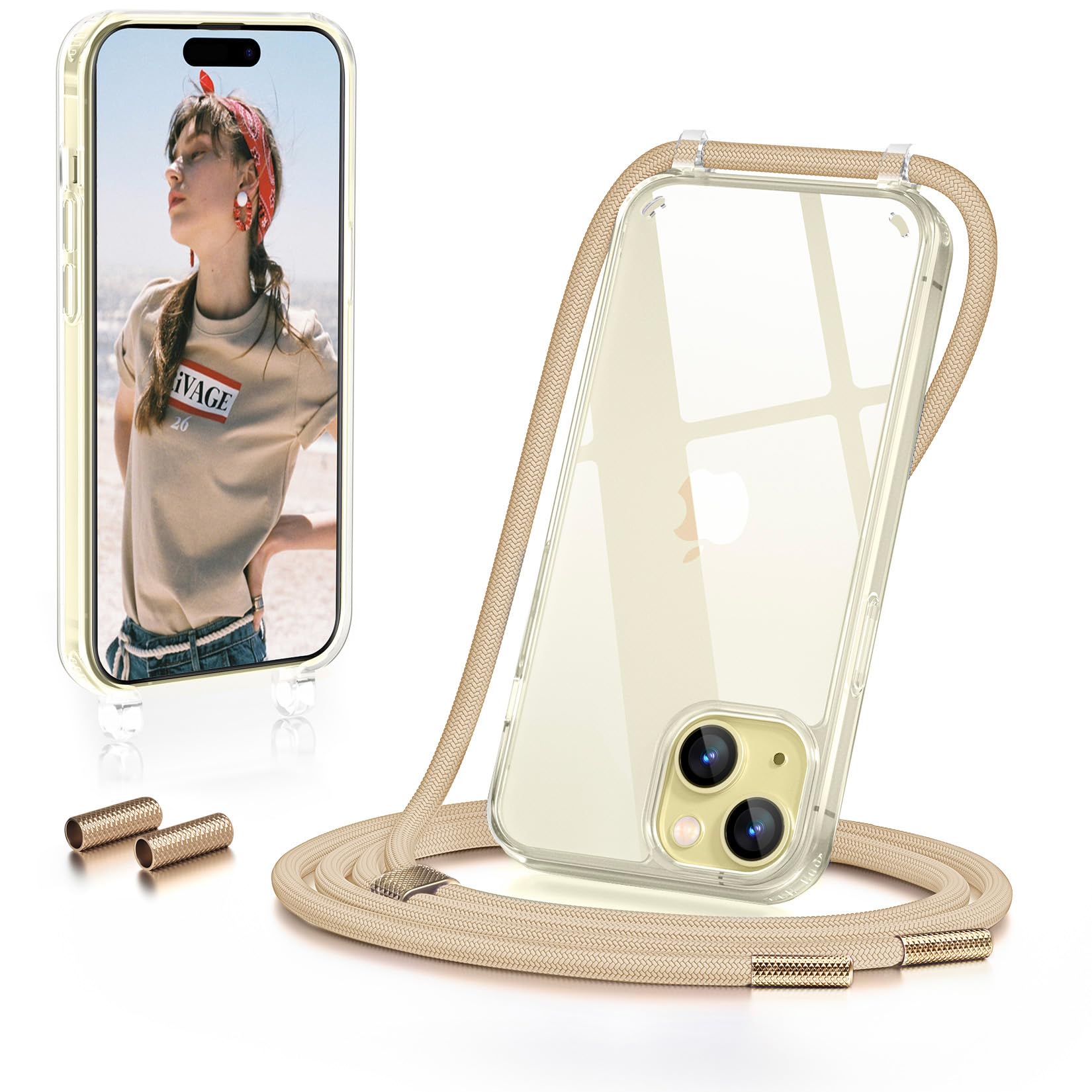 GOODVISH Handykette für iPhone 15 Plus Hülle mit Band 6,7 Zoll, Transparent Necklace Handyhülle mit Kette, Stossfest Schutzhülle [Abnehmbar Umhänge] Stylische iPhone 15 Plus case, Beige