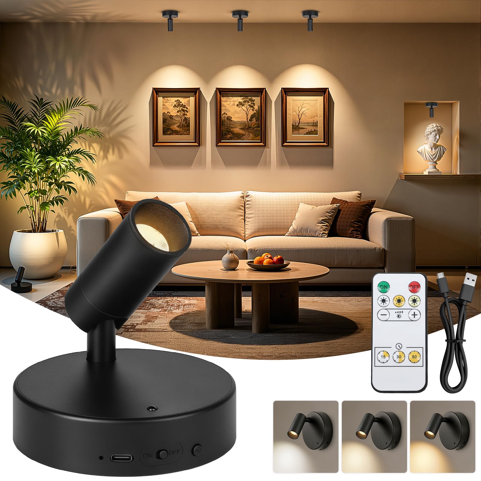 Ketom Aplique Pared Interior Regulable, Lampara Pared sin Cable, Foco LED Recargable, 3 Temperaturas de Color, con Control Remoto, Giratorio, para Planta Obras Arte Habitación Estar, Negro, 1 Pieza