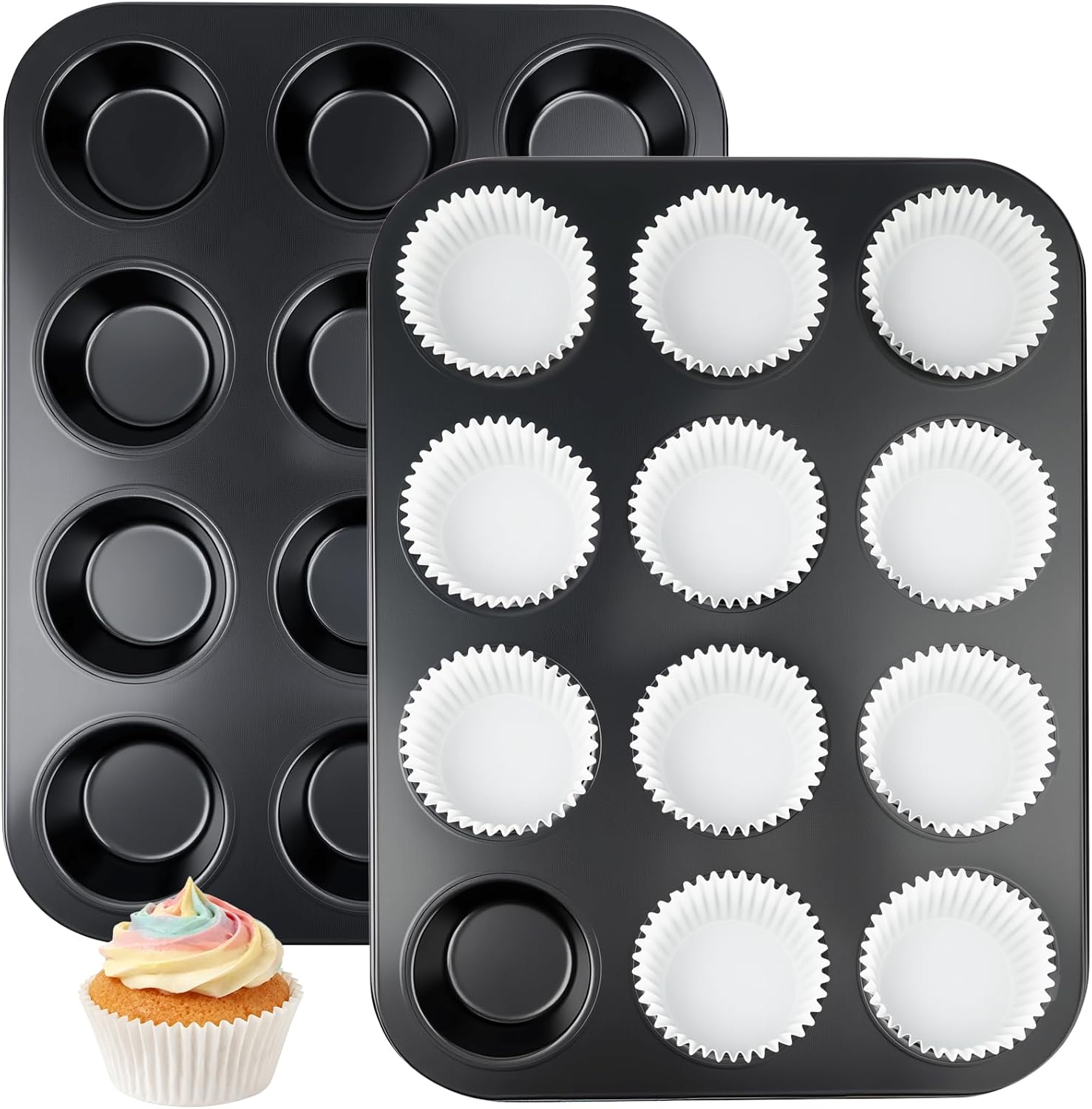 Muffin Pan & Cupcake Pan Set, 2 Pack 12-Cup Muffin Pans for Baking with 120 Cupcake Liners, Nonstick, Heavy-Duty Steel, Scratch-Resistant, Easy Release for Family & Party Baking (Black)