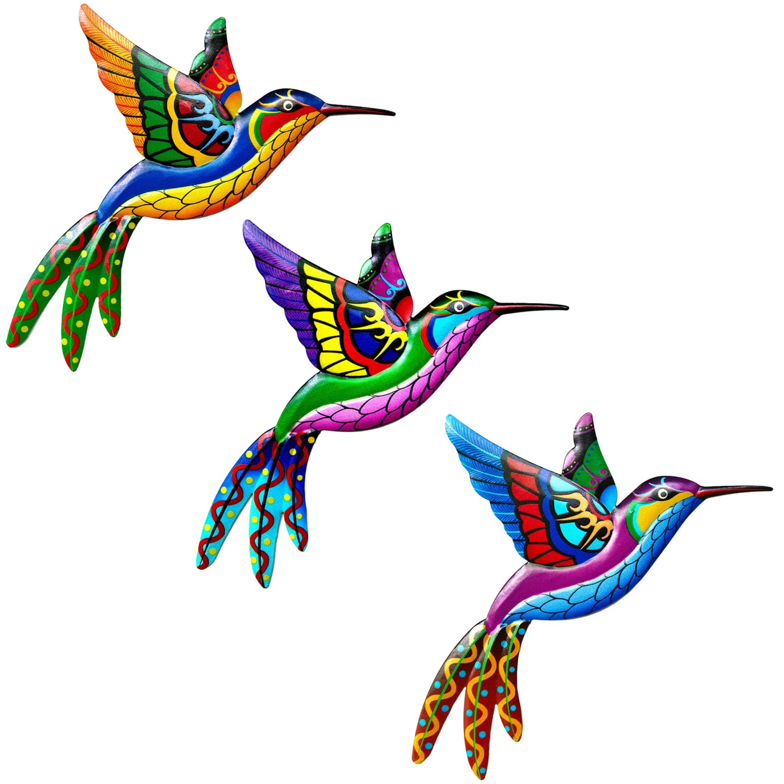 LWINGFLYER Metal Hummingbird Wall Decor Wrought Iron Colorful Hummingbird Wall Hanging 3D Colorful Birds Outdoor Wall Art for Garden Balcony Porch Charm Decorate Your Backyard Patio Fence (3PCS)