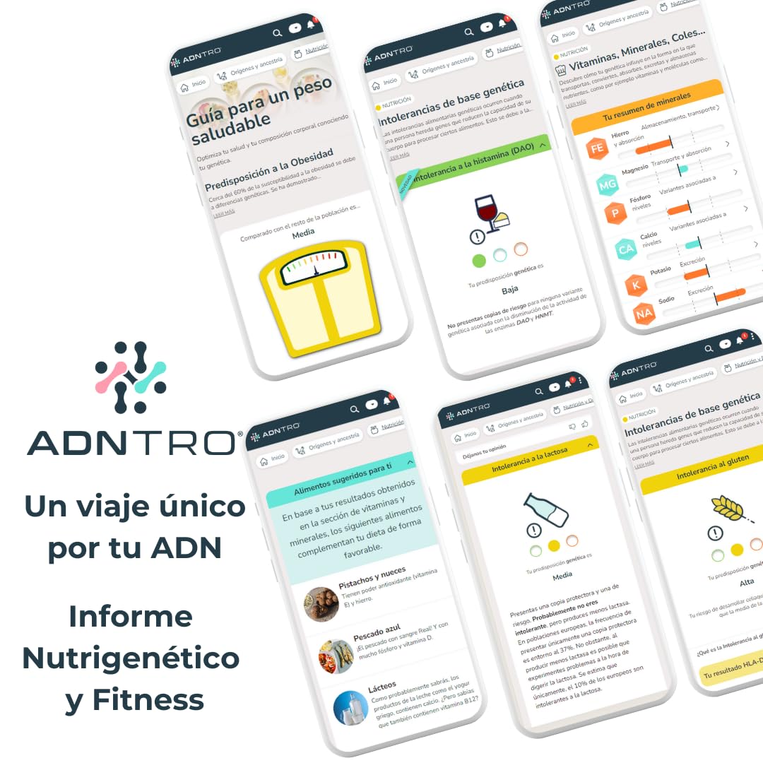 ADNTRO Test ADN Online Test Genético Incluye: Orígenes y Ancestros + Nutricional + Intolerancias | Ampliable: Deporte, Longevidad, Curiosidades, Salud, Rasgos Personalidad (Entry)