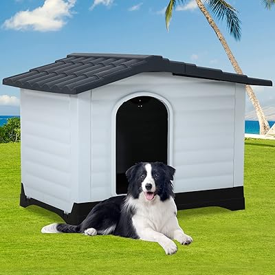 Extra Large Waterproof Plastic Dog House – Elevated Floor, Indoor/Outdoor Use – Gray
