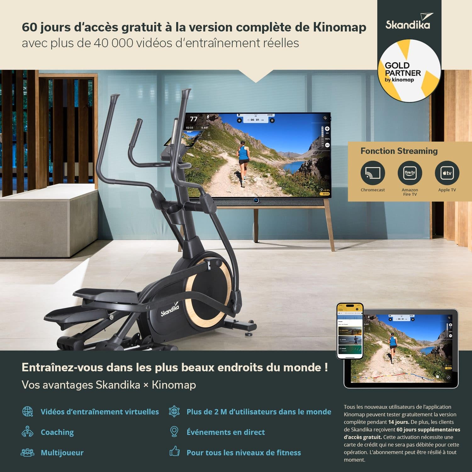 Skandika Vélo elliptique Carbon P25, Vélo elliptique Pliable, 32 Niveaux de Résistance, Auto-alimenté, Frein Magnétique, Écran LCD, Bluetooth, Kinomap, Double Rail, Masse d'inertie 25KG, Max 150KG