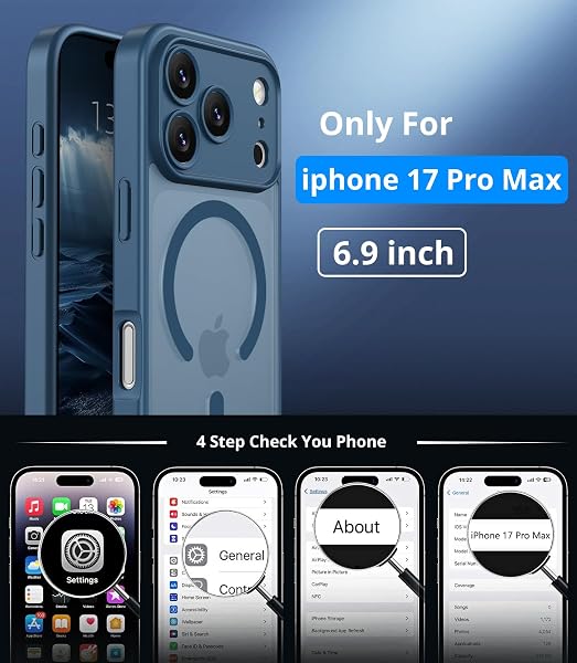Vansdon Cover Magnetica per iPhone 17 Pro Max con 1 Pezzi Vetro Temperato, Compatibile con Magsafe, Protezione anticaduta di livello militare, Custodia Traslucida Opaca Sottile Antiurto-Blu Profondo - 4