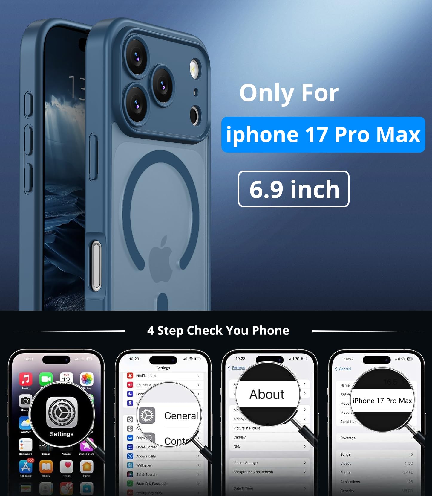 Vansdon Cover Magnetica per iPhone 17 Pro Max con 1 Pezzi Vetro Temperato, Compatibile con Magsafe, Protezione anticaduta di livello militare, Custodia Traslucida Opaca Sottile Antiurto-Blu Profondo