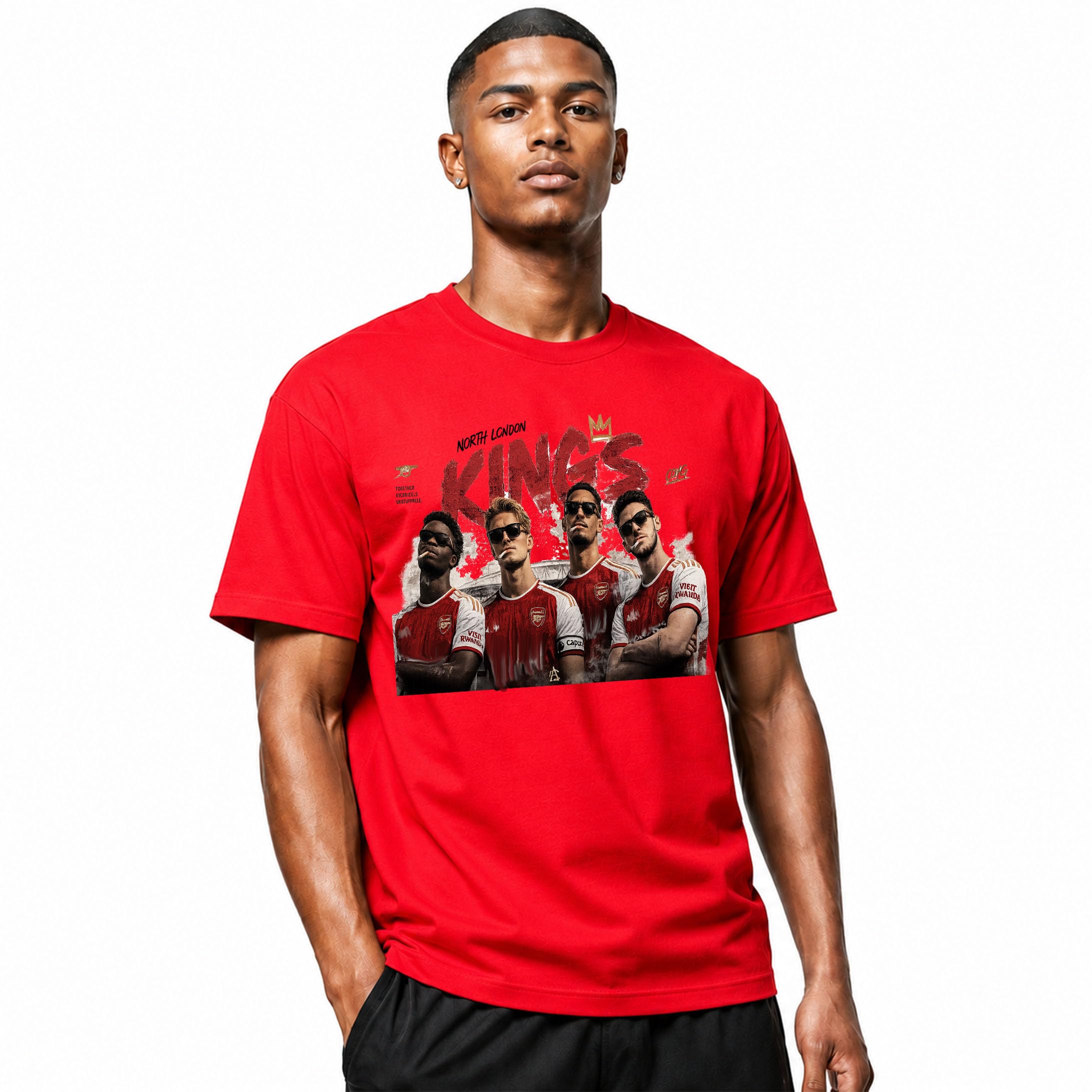 AYAAN North London Kings Football T-Shirt, Boys Youth, Arsenal Players Graphic, Black Red White (UK, Age, 12 Years, 13 Years, red)