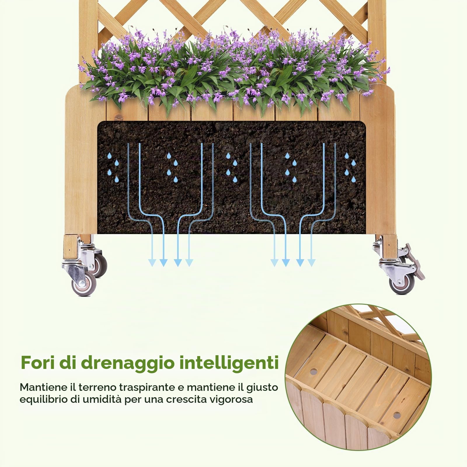 Fioriera in legno con grigliato e ruote, rialzata, resistente alle intemperie con fori di drenaggio, per giardino, balcone e terrazza, 49 x 28 x 116 cm – Marrone chiaro