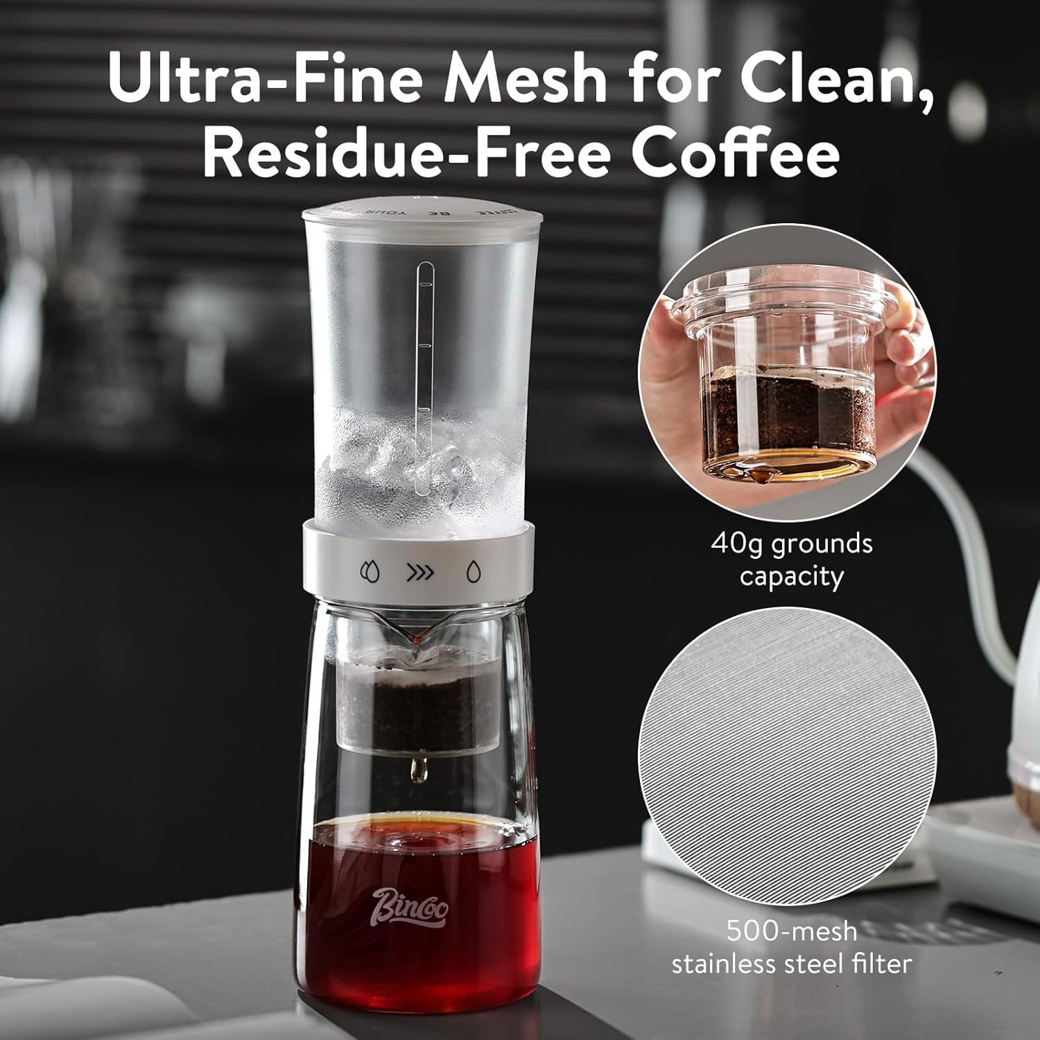 Bincoo Drip Cold Brew Coffee Maker,450ml High Borosilicate Glass Ice Drip Coffee Brewer,Adjustable Dual-Outlet Drip Speed, Constant Pressure Brewing