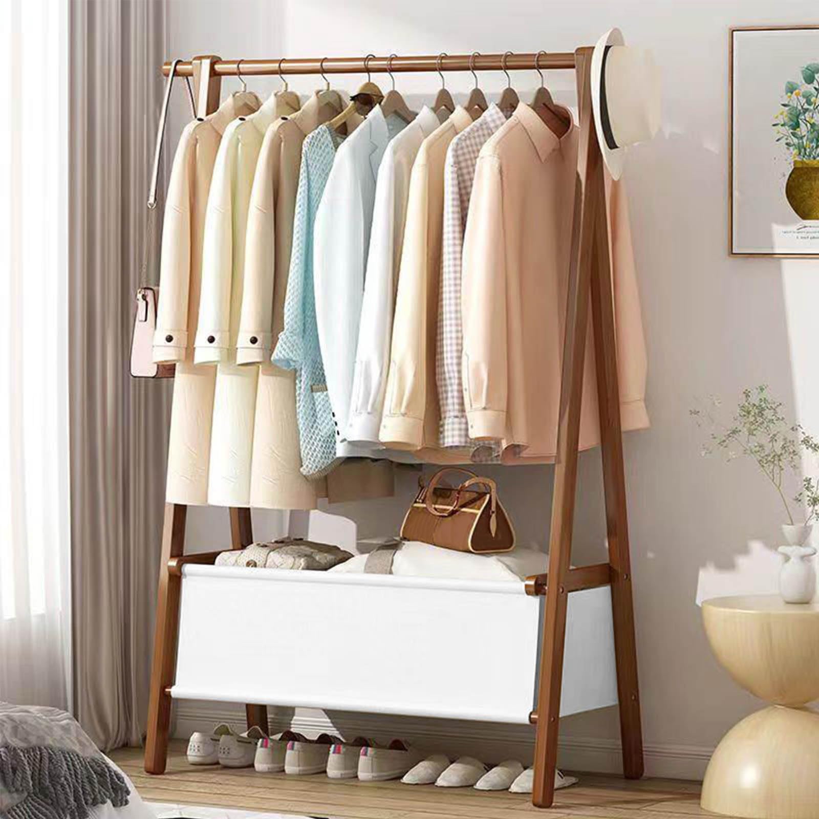 Portant à vêtements en bambou pliable avec sac de rangement et 2 étagères pour chambre