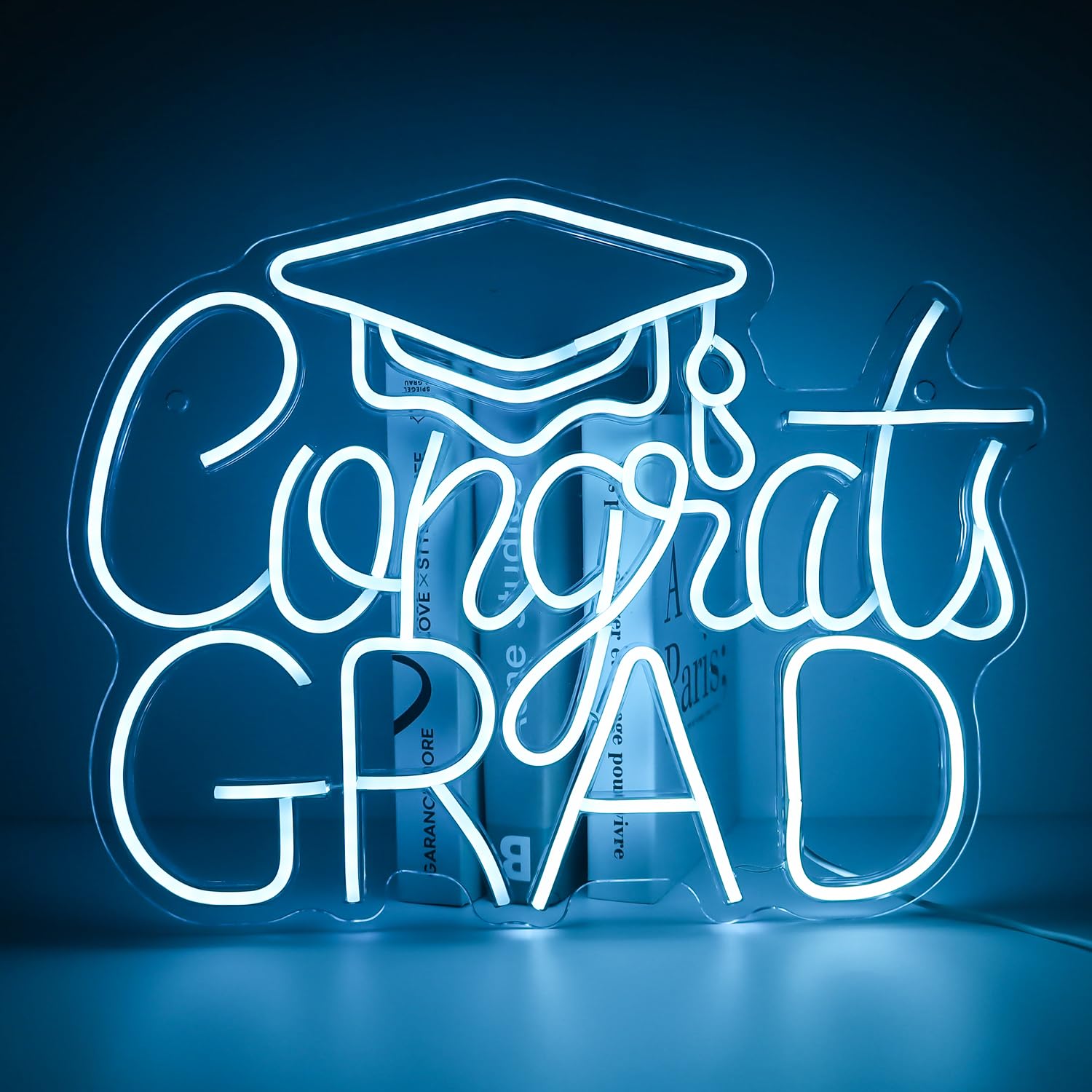 Photo 1 of “Congrats Grad” Ice Blue Neon Sign – 16.5×12.6 in Unique Aqua-Tone LED Light for Med School & Engineering Grads, Dimmable with Wired Controller, Includes Wall Anchors – Class of 2026