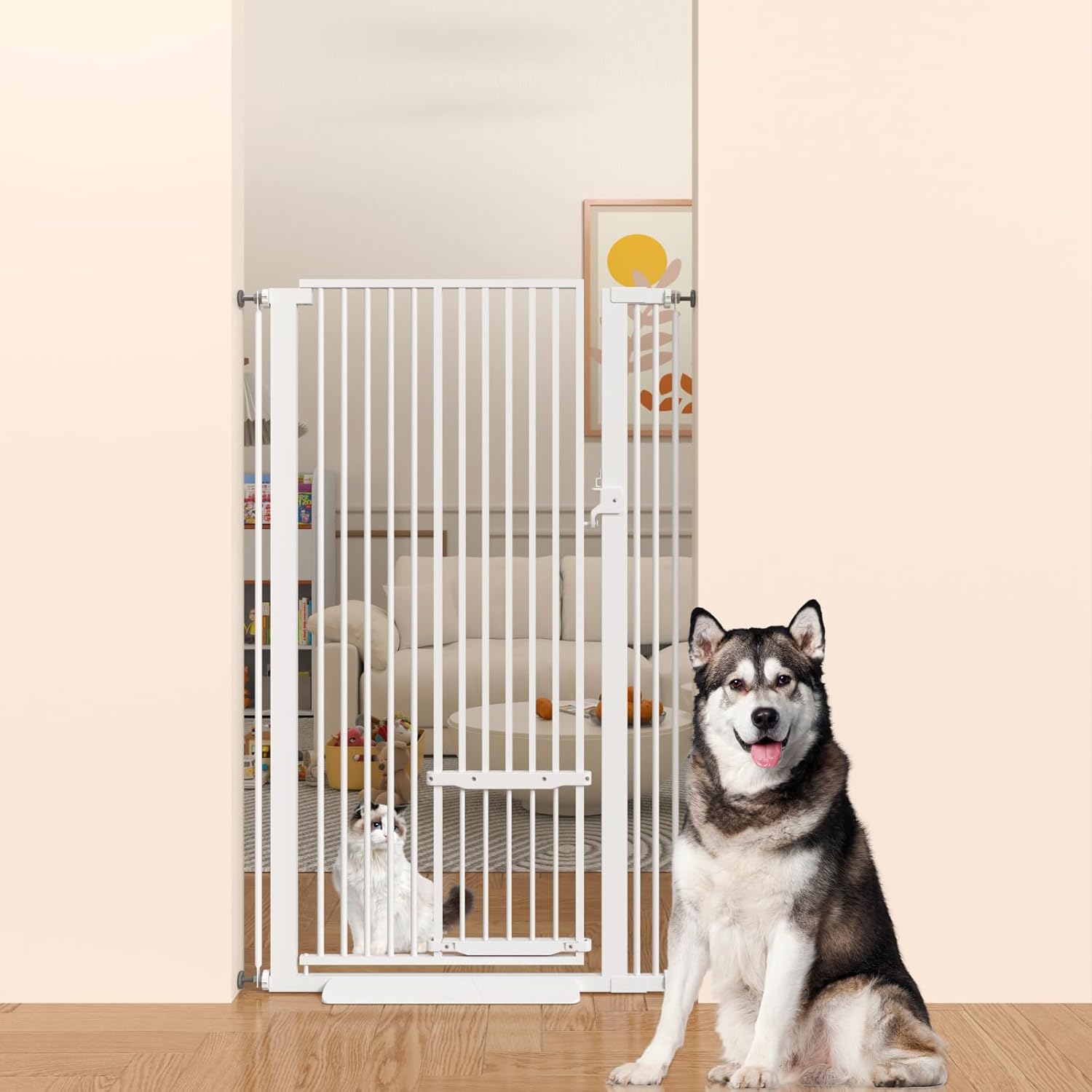 55.11 inch Extra Tall Cat Pet Gate for Doorway with cat Door Adjustable 29.5" and 31.8" Wide Pressure Mounted Safety Pet Gates for Stairs, Doorway, liveing Room Bedroom White 29.5-31.8“W?55.11”H