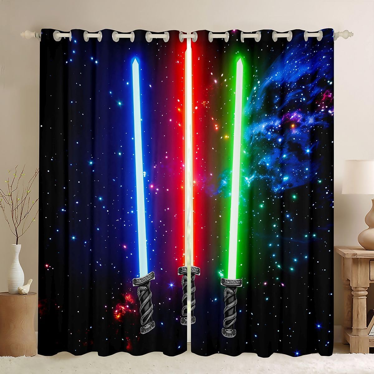 Feelyou 3D Galaxy Lightsaber Curtains Green Blue Red Lightsaber Window Curtains for Bedroom Living Room Kids Cool Lightsaber Window Drapes Neon Lightsaber 30%-50% Blackout Curtains, 52W X 84L,2 Panels
