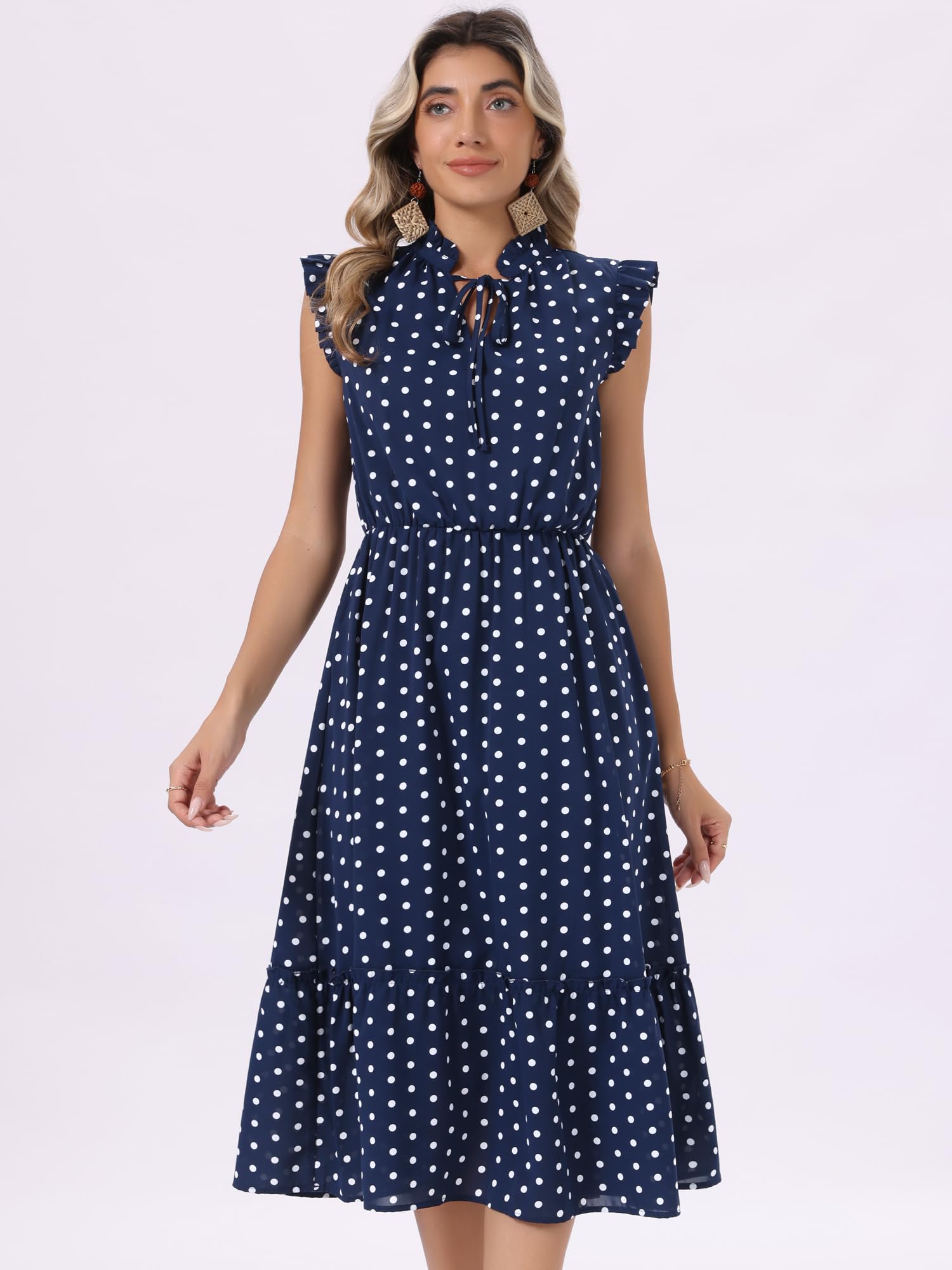 Allegra K Vestido midi de lunares para mujer, cuello anudado, manga con volantes, línea A | Vestidos vintage de los años 50, cintura elástica, fluidos, vestidos casuales de verano con bolsillos laterales