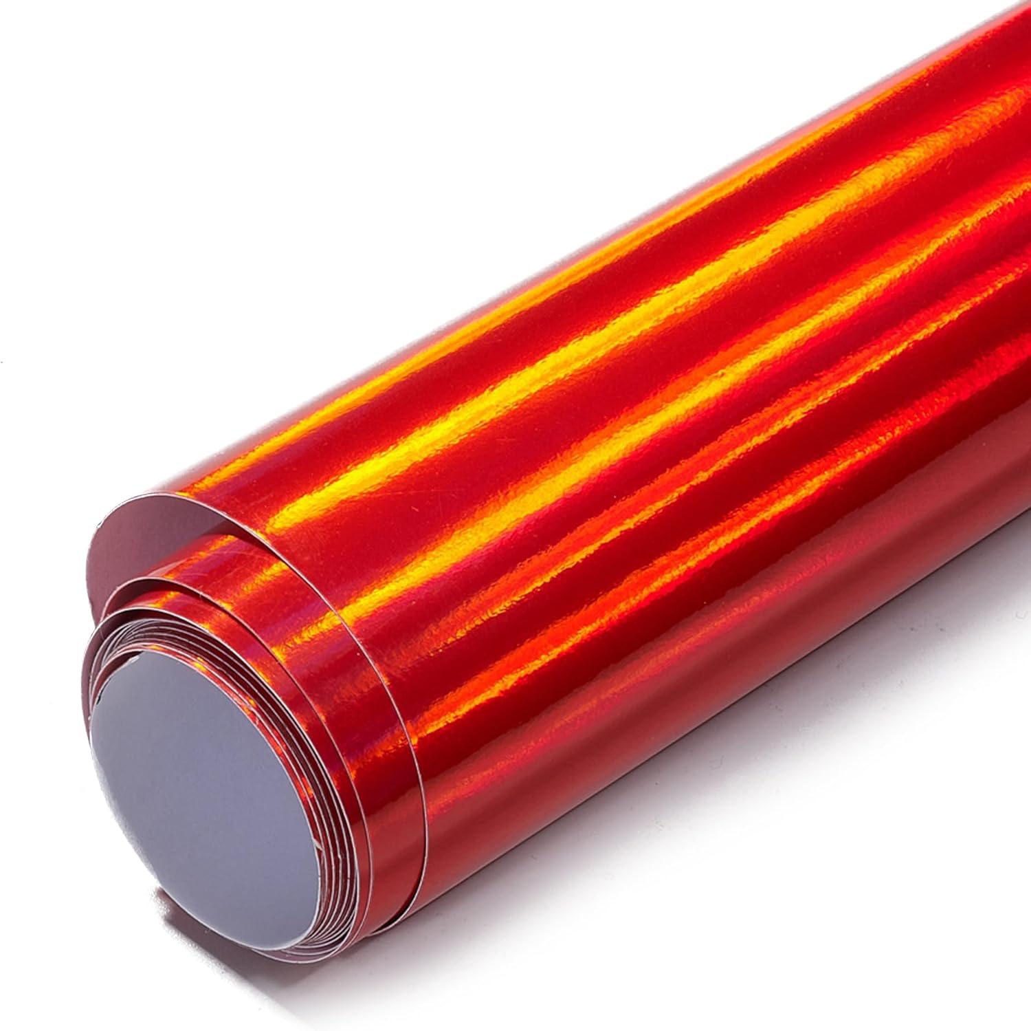 Holographic Laser Red Car Vinyl Wrap Metallic Red to Gold Color Change Self Adhesive Vinyl Film Roll High Gloss Car Exterior Interior Decorative Film, 59.84" x 39.37"