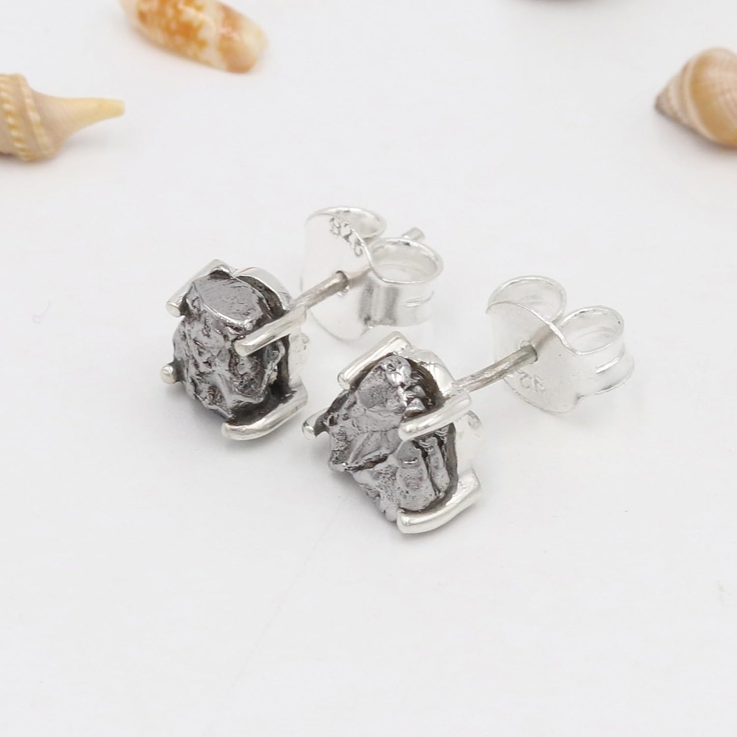 Meteorite Stud Earrings – 925 Sterling Silver, Rough Gemstone Jewelry for Women