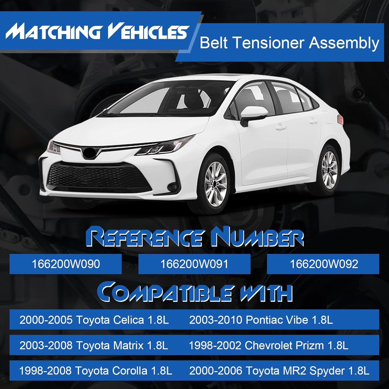 Belt Tensioner Assembly with Pulley, Compatible with Toyota Corolla 1998-2008, Matrix 2003-2008, Celica 2000-2005, MR2 Spyder 2000-2006 ＆ Chevy Prizm 1998-2002 & Pontiac Vibe 2003-2008 2010, 1.8L
