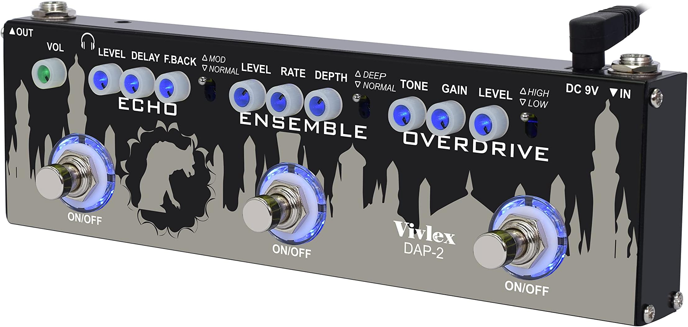 Multi Effect Pedal with Echo + Ensemble/Chorus + Overdrive 3 Effects Mode in 1 Unit for Electric Guitar Bass DAP-2