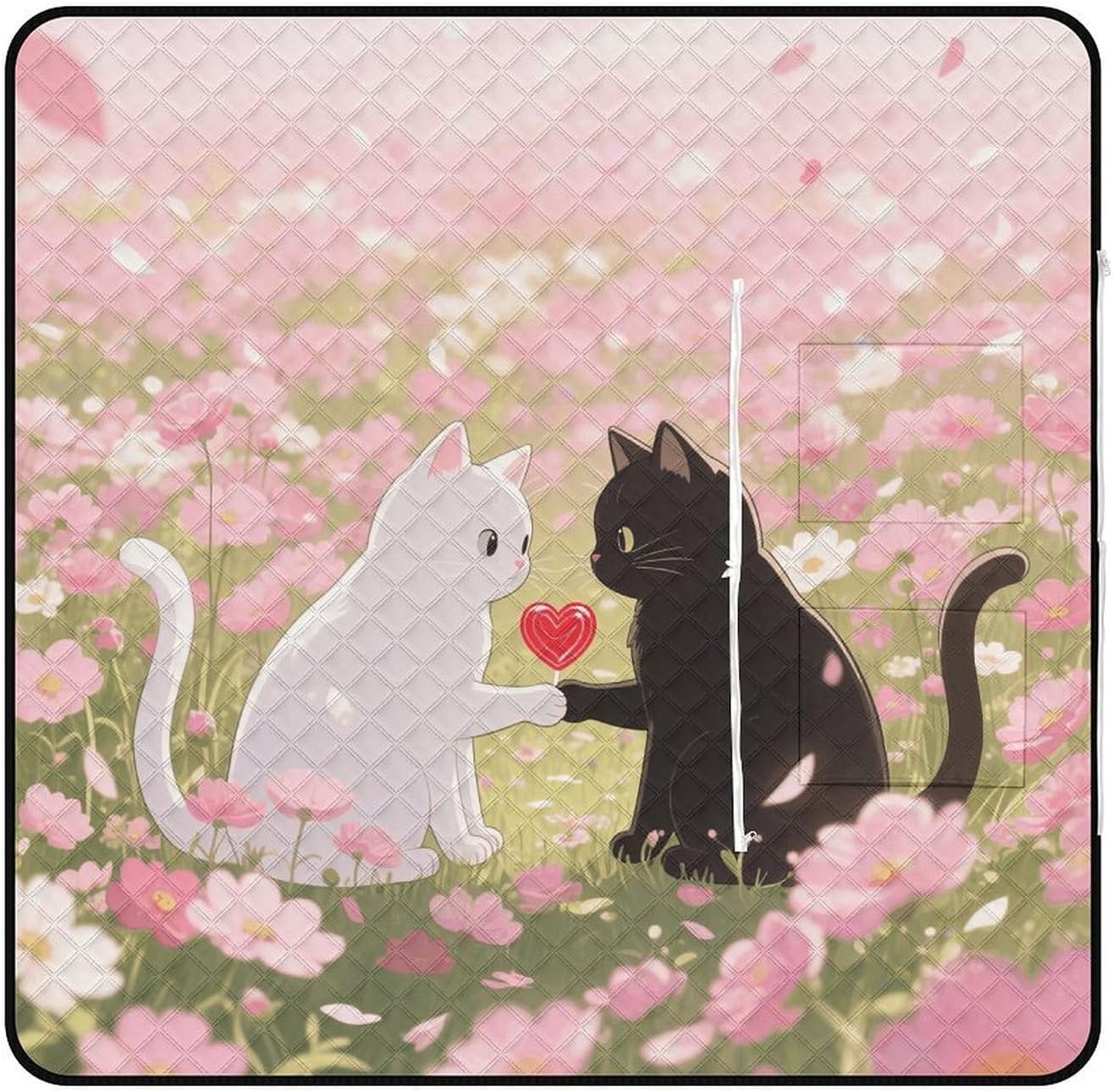 Couple Heart Cats Picnic Blanket 150x150cm, Foldable 2-in-1 Picnic Mat and Tote Bag Portable Waterproof Beach Mat Sandproof Outdoor Blanket for Park, Hiking, Beach, Camping, Travel