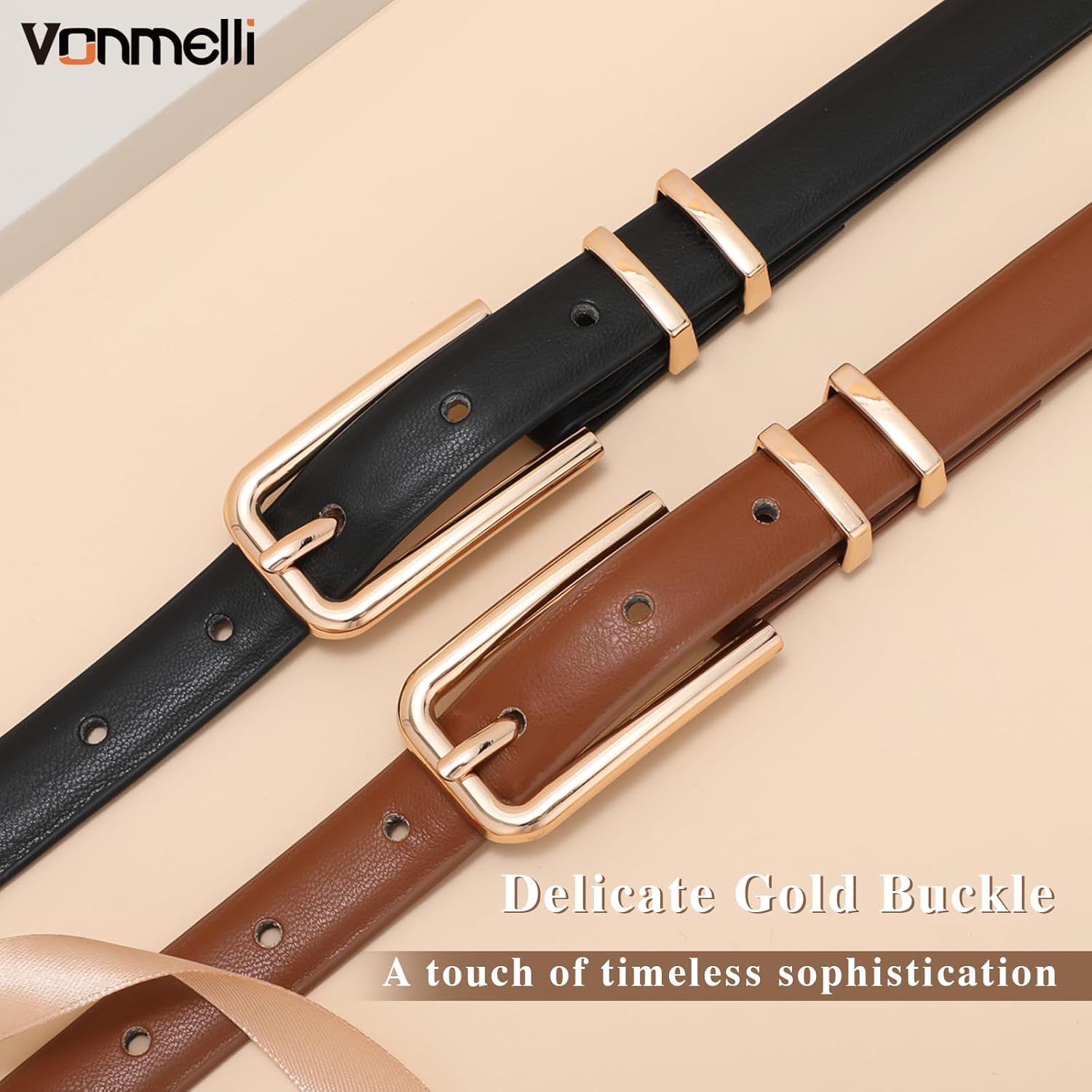 VONMELLI Women Skinny Leather Belt Thin Waist Belt for Women Jeans Dress Fashion Ladies Belt with Gold Buckle - Image 4