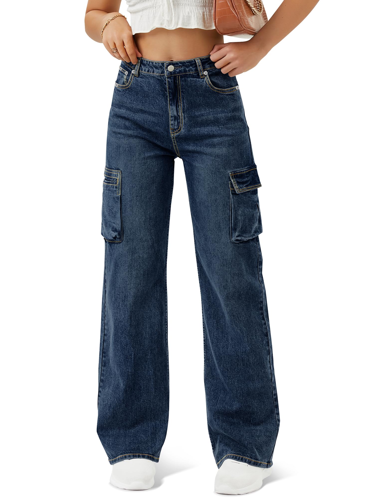 Women High Waisted Cargo Jean for Women with 6 Pockets Straight Wide Leg Jean Casual Baggy Pants