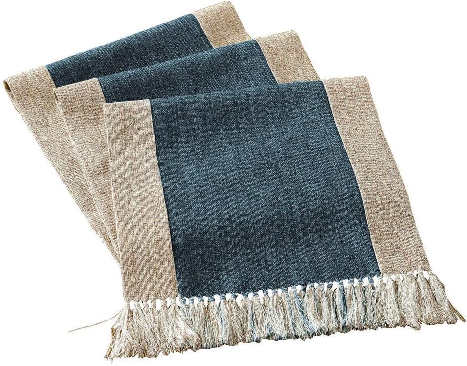 Rustic Farmhouse Dinning Table Runner with Fringe and Tassels (Blue, 15"x94")