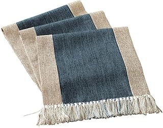Heavy Rustic Table Runner with Fringe - Blue Linen Table Runner for Dini...