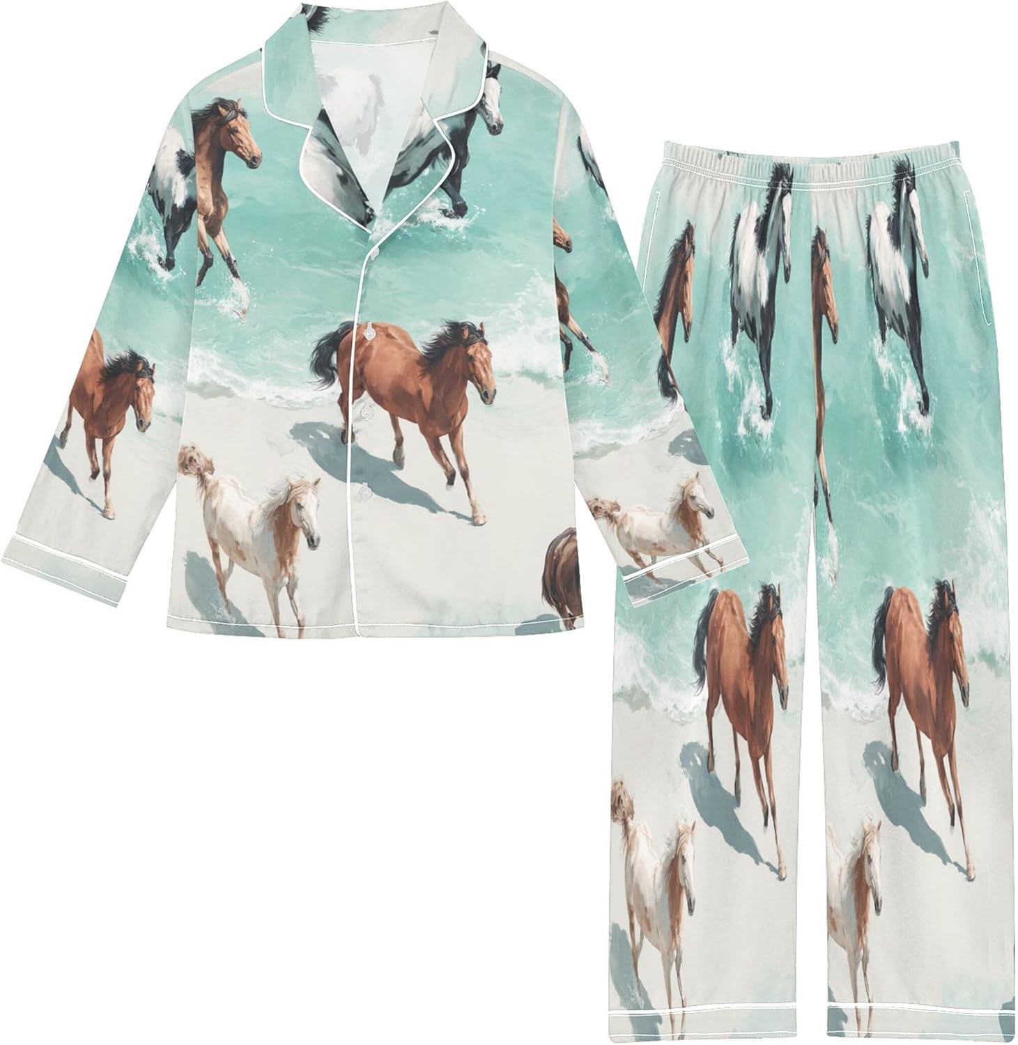 Horses Running Beach Satin Pajama Set Long Sleeve Pajamas Silk Sleepwear 2 Piece Pjs for Girls Boys, Size 7-8 Years Multicolor