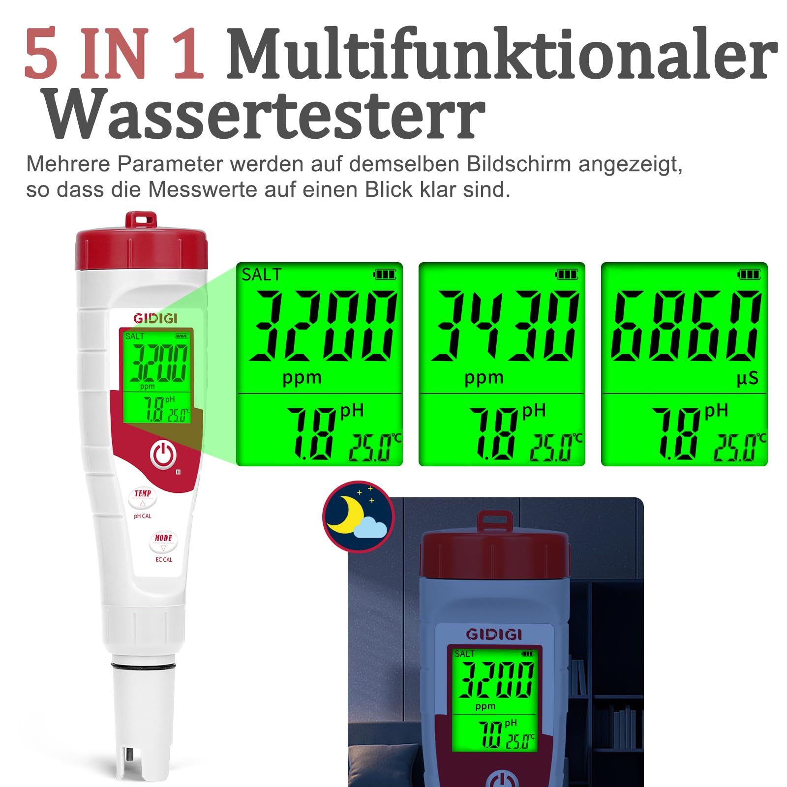 Pool Salt Meters,pH Meter for Water, 5-in-1 Salinity Meter with Display of Multiple Parameters, TDS EC Salt tester for Swimming Pools, Spas, Aquariums