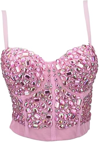 Rhinestone Bustier Crop Top Sexy Beadings Pearls Corset Women Rhinestone Bustier Girl Shiny Nightclub Party Weddiing Shaper Crop TopsRose colorful,XL 40