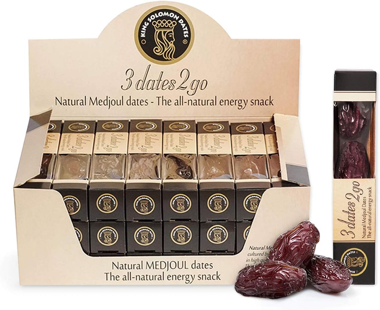 Medjool Dates in elegant Display Carton, 24 packs of 3 dates per pack, Premium Top Quality Larger Softer, Sweeter Dates From Date Palms. Superfood Snack, No preservatives, Natural Medjul Dates. Gluten