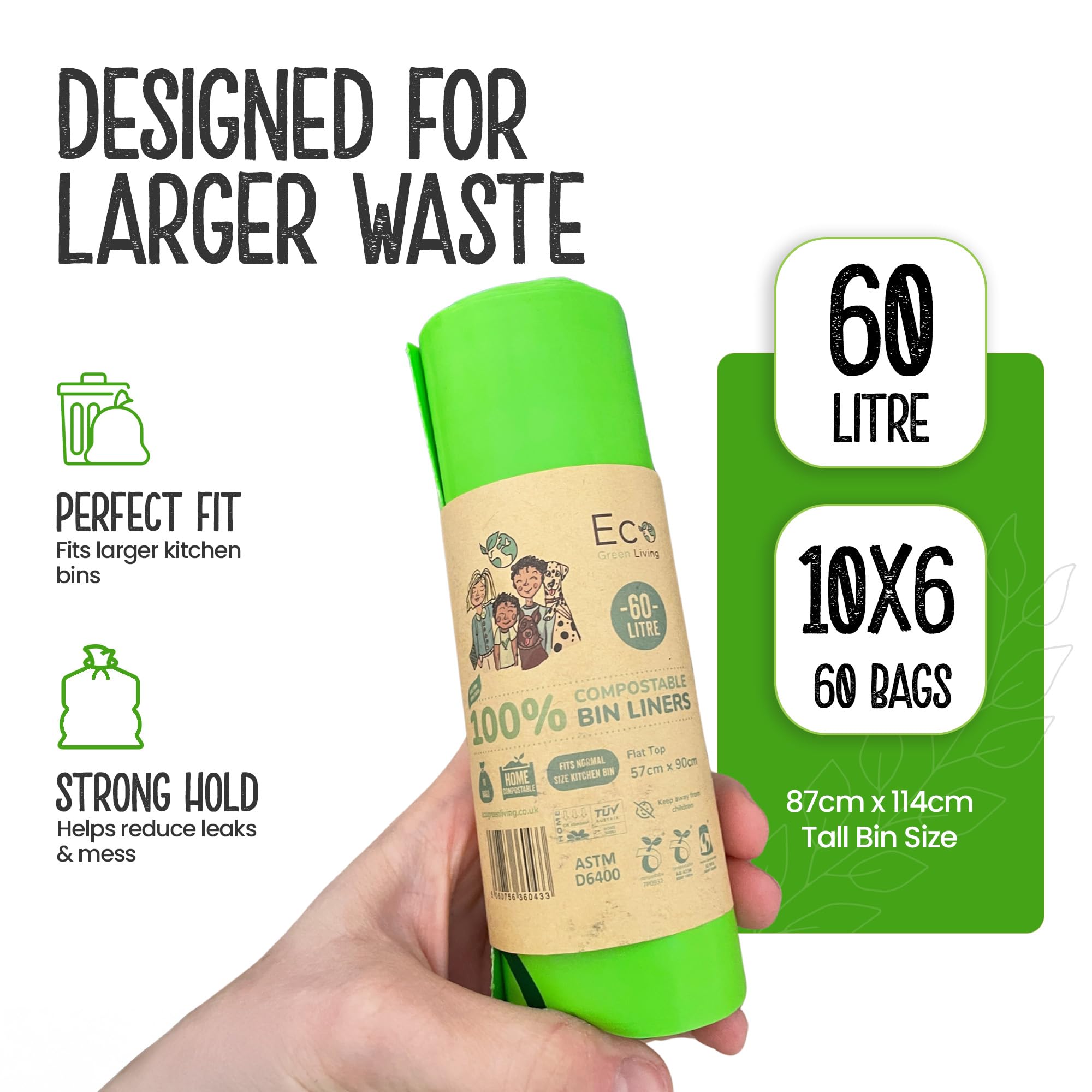 Eco Green Living Sacchi per la spazzatura biodegradabili e compostabili al 100%, 60 litri, per rifiuti alimentari, sacchi alti resistenti,a prova senza BPA, riciclabili, 6 rotoli, 60 sacchetti