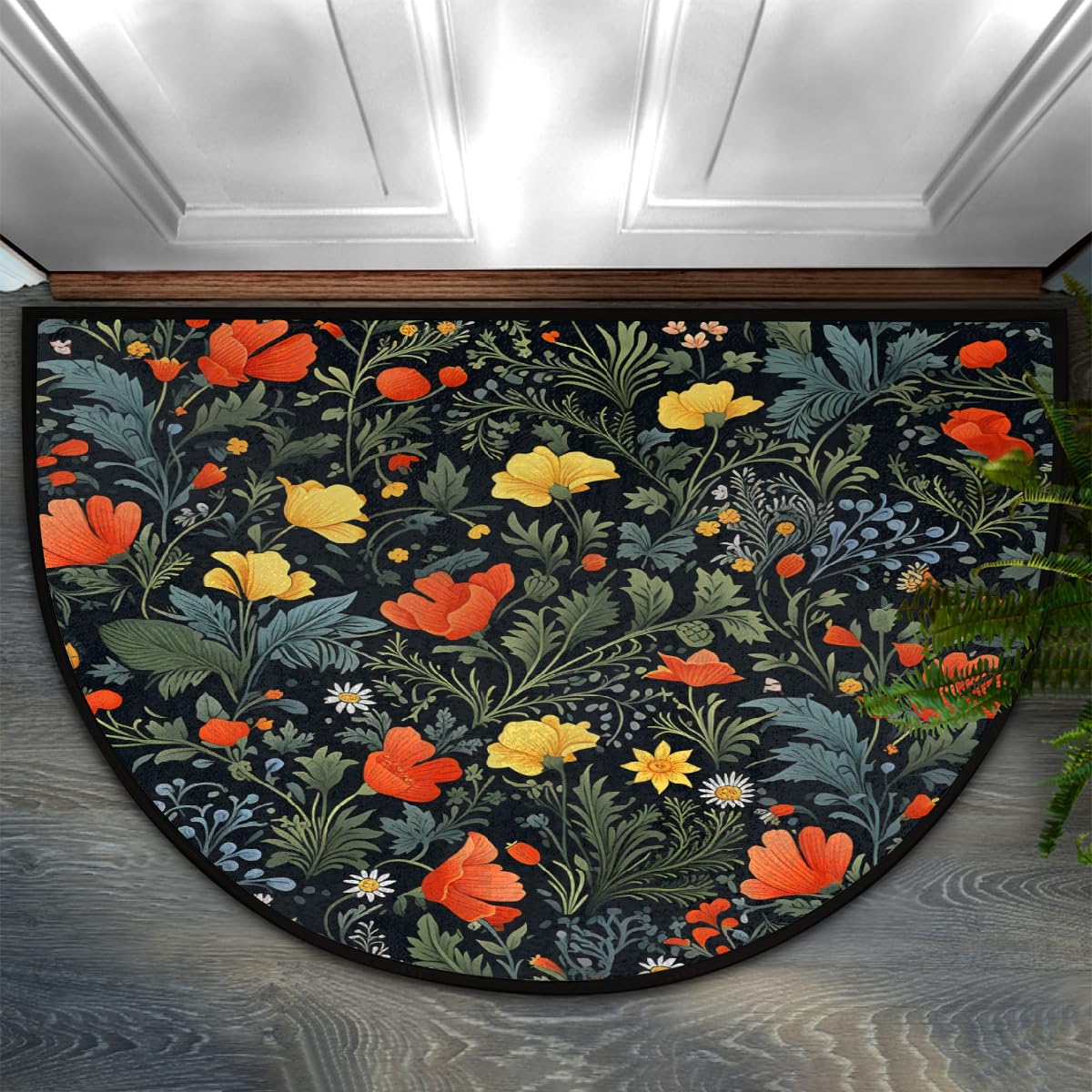 Mexpekil Semi Circle Door Mat, Beautiful Small Floral Non-Slip Half Moon Entrance Rug, Washable Front Welcome Mat for Indoor Outdoor Kitchen Bedroom Patio